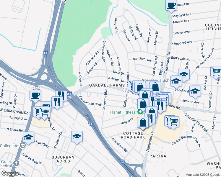 map of restaurants, bars, coffee shops, grocery stores, and more near in Norfolk