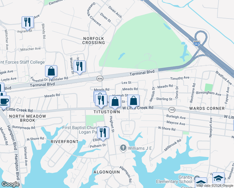 map of restaurants, bars, coffee shops, grocery stores, and more near 7755 Tucker Avenue in Norfolk