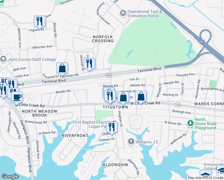 map of restaurants, bars, coffee shops, grocery stores, and more near 1109 Meads Road in Norfolk
