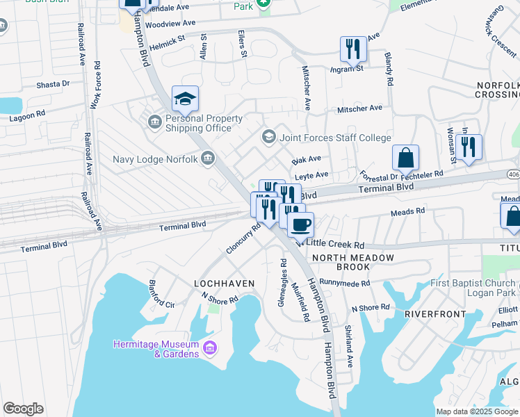 map of restaurants, bars, coffee shops, grocery stores, and more near Hampton Blvd & Terminal Blvd in Norfolk