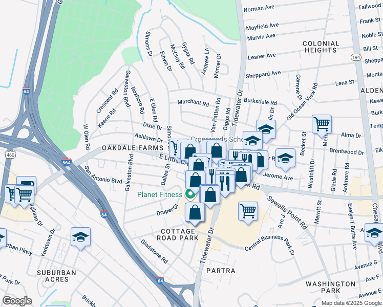 map of restaurants, bars, coffee shops, grocery stores, and more near 535 Ashlawn Drive in Norfolk
