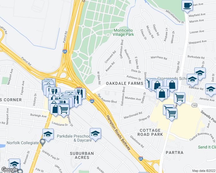 map of restaurants, bars, coffee shops, grocery stores, and more near 313 E Little Creek Rd in Norfolk