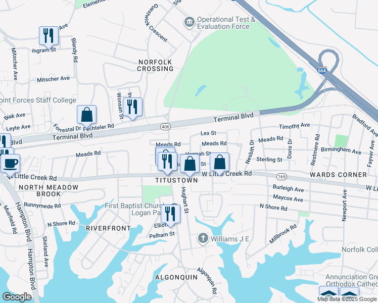 map of restaurants, bars, coffee shops, grocery stores, and more near 1000 Hannah Street in Norfolk