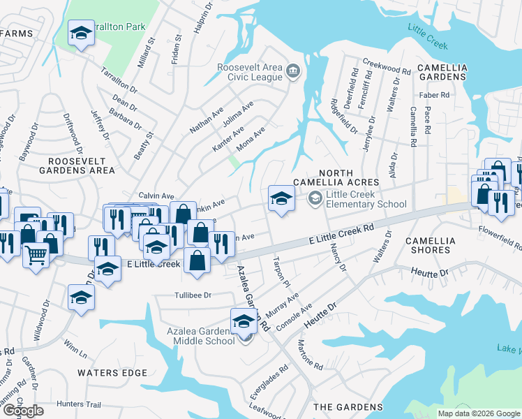 map of restaurants, bars, coffee shops, grocery stores, and more near 7941 Tarpon Place in Norfolk