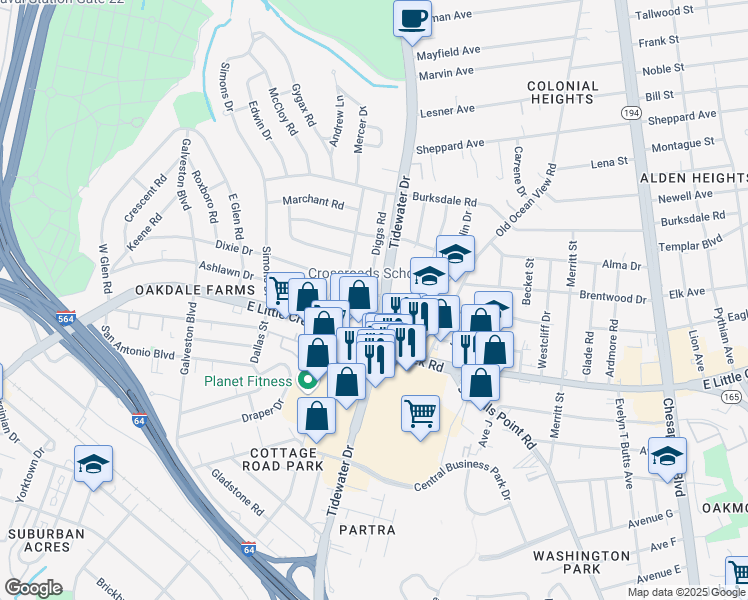 map of restaurants, bars, coffee shops, grocery stores, and more near 7996 Diggs Road in Norfolk