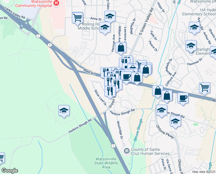 map of restaurants, bars, coffee shops, grocery stores, and more near 1061 South Green Valley Road in Watsonville