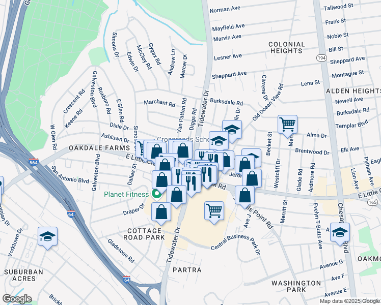 map of restaurants, bars, coffee shops, grocery stores, and more near 7996 Diggs Road in Norfolk
