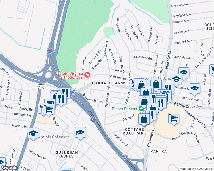 map of restaurants, bars, coffee shops, grocery stores, and more near in Norfolk