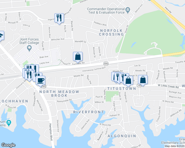 map of restaurants, bars, coffee shops, grocery stores, and more near 1408 Meads Road in Norfolk