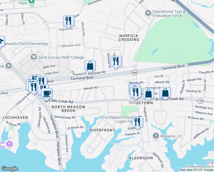 map of restaurants, bars, coffee shops, grocery stores, and more near 1408 Meads Road in Norfolk