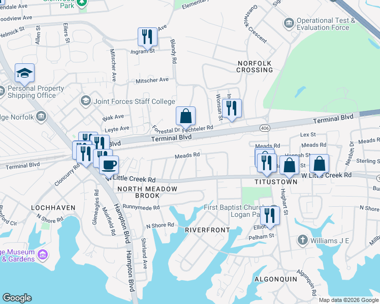 map of restaurants, bars, coffee shops, grocery stores, and more near 1450 Meads Road in Norfolk