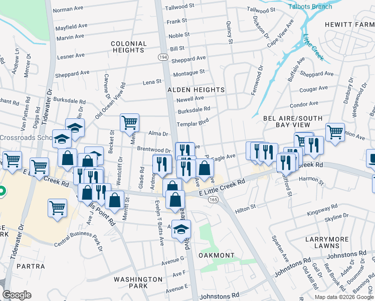 map of restaurants, bars, coffee shops, grocery stores, and more near 1133 Elk Avenue in Norfolk