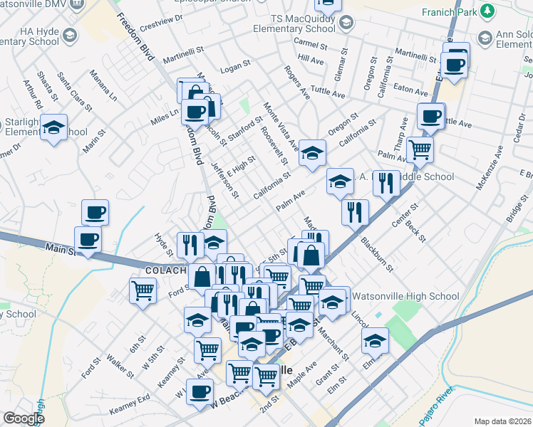 map of restaurants, bars, coffee shops, grocery stores, and more near 323 Palm Avenue in Watsonville
