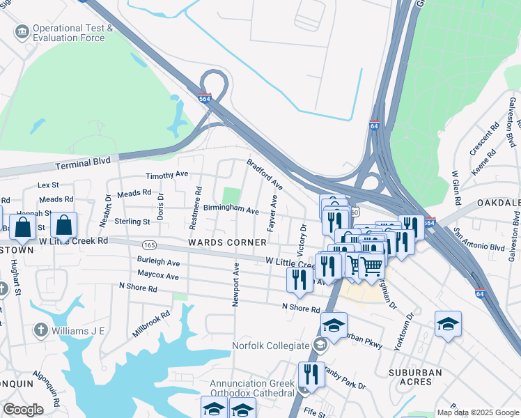 map of restaurants, bars, coffee shops, grocery stores, and more near 7700 Gloucester Avenue in Norfolk