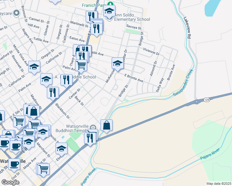 map of restaurants, bars, coffee shops, grocery stores, and more near 604 Ester Way in Watsonville