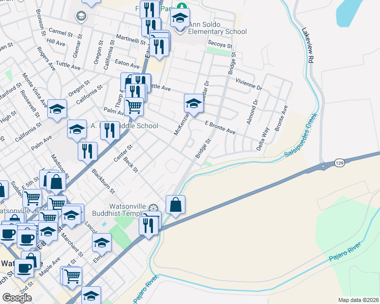 map of restaurants, bars, coffee shops, grocery stores, and more near 607 Bronte Avenue in Watsonville