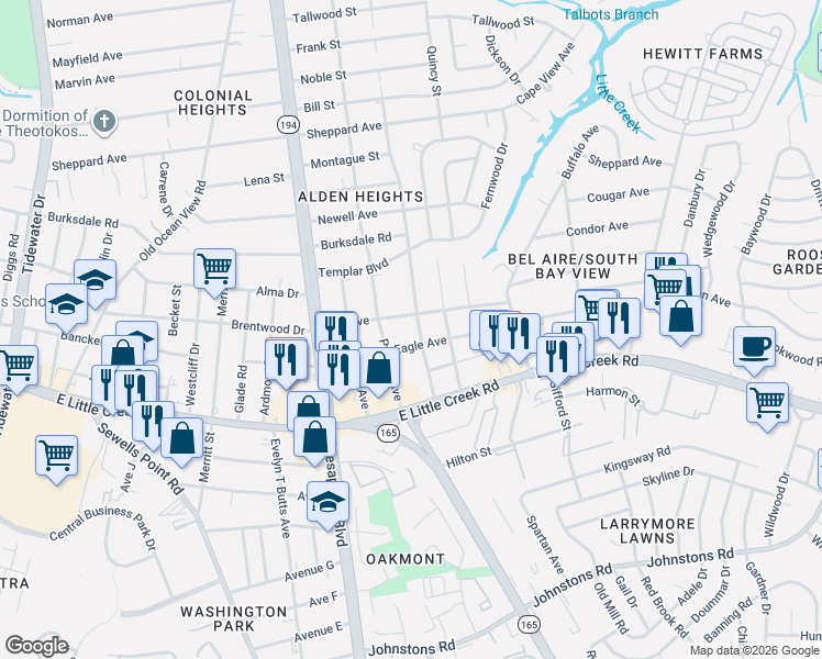 map of restaurants, bars, coffee shops, grocery stores, and more near 1211 Elk Avenue in Norfolk