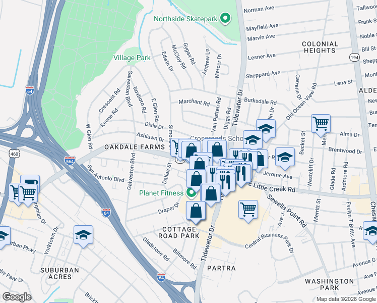 map of restaurants, bars, coffee shops, grocery stores, and more near 532 Ashlawn Drive in Norfolk