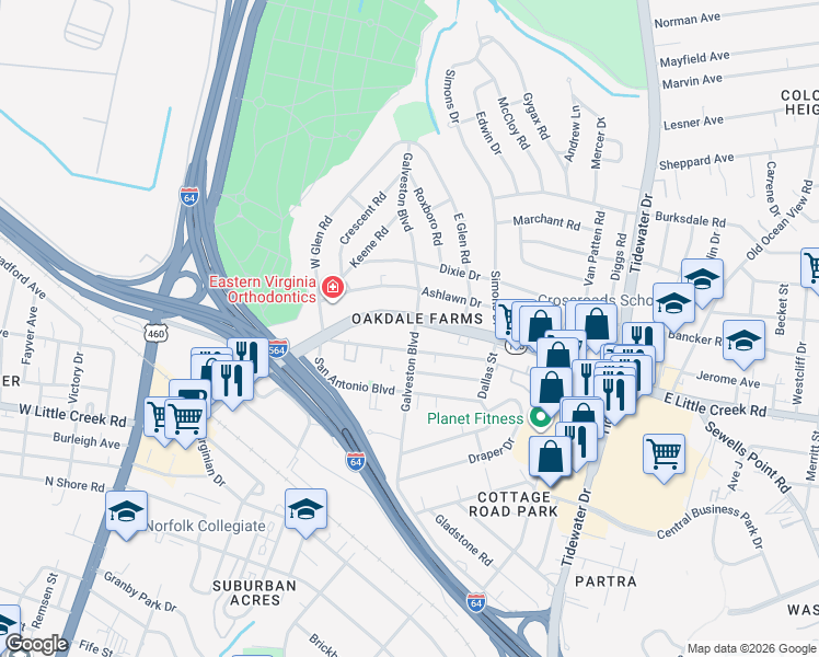 map of restaurants, bars, coffee shops, grocery stores, and more near in Norfolk
