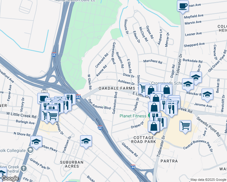 map of restaurants, bars, coffee shops, grocery stores, and more near 327 East Little Creek Road in Norfolk