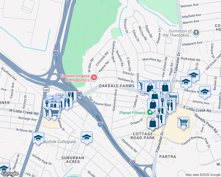 map of restaurants, bars, coffee shops, grocery stores, and more near 327 East Little Creek Road in Norfolk