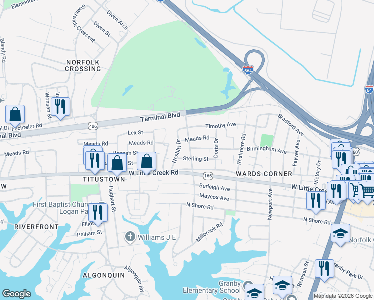 map of restaurants, bars, coffee shops, grocery stores, and more near 7722 Nesbitt Drive in Norfolk