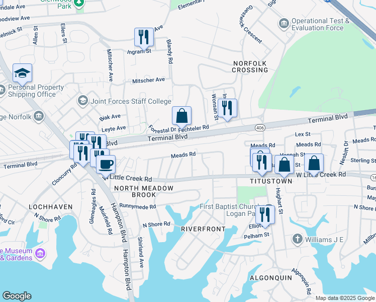 map of restaurants, bars, coffee shops, grocery stores, and more near 1446 Meads Road in Norfolk