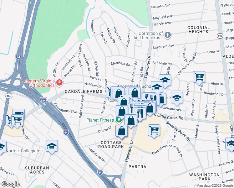 map of restaurants, bars, coffee shops, grocery stores, and more near 532 Ashlawn Drive in Norfolk