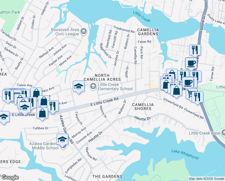map of restaurants, bars, coffee shops, grocery stores, and more near 2928 East Malden Avenue in Norfolk