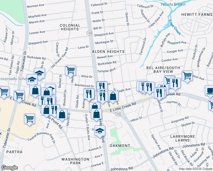 map of restaurants, bars, coffee shops, grocery stores, and more near 1133 Elk Avenue in Norfolk
