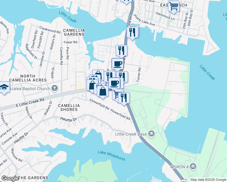 map of restaurants, bars, coffee shops, grocery stores, and more near 4231 Virginia 170 in Norfolk