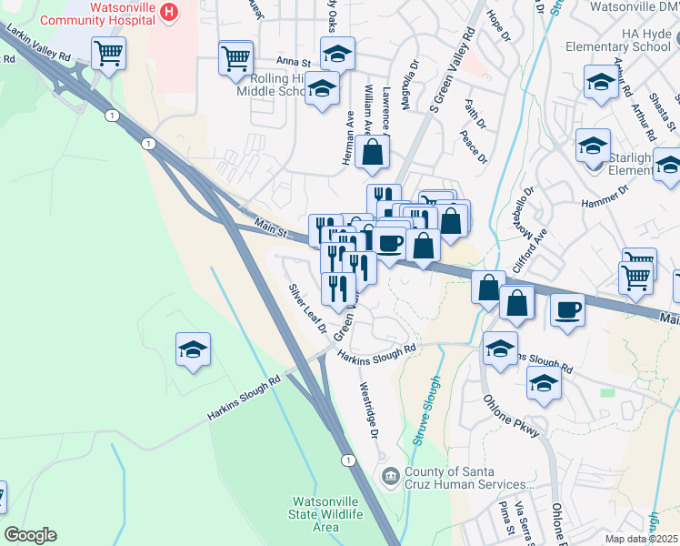 map of restaurants, bars, coffee shops, grocery stores, and more near 1061 South Green Valley Road in Watsonville