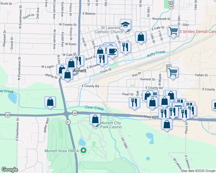 map of restaurants, bars, coffee shops, grocery stores, and more near 100 County Road in Monett