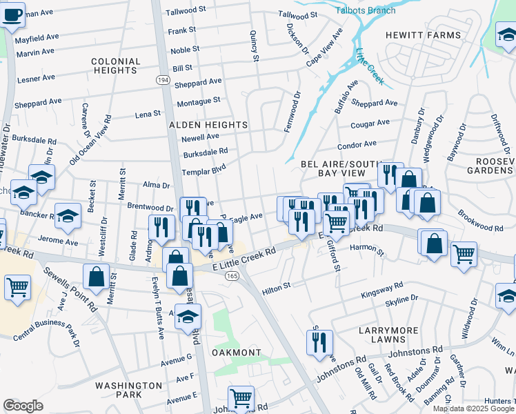 map of restaurants, bars, coffee shops, grocery stores, and more near 8011 Moose Avenue in Norfolk