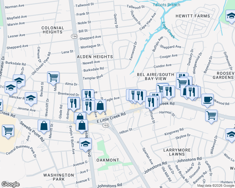 map of restaurants, bars, coffee shops, grocery stores, and more near 1317 Elk Avenue in Norfolk