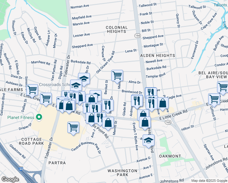 map of restaurants, bars, coffee shops, grocery stores, and more near 8028 Westcliff Drive in Norfolk
