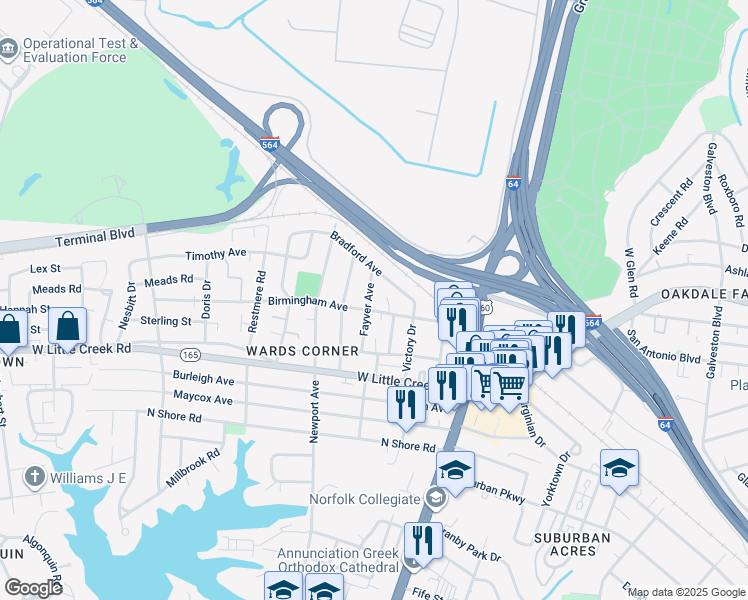 map of restaurants, bars, coffee shops, grocery stores, and more near 7704 Fayver Avenue in Norfolk