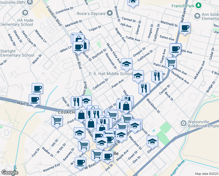map of restaurants, bars, coffee shops, grocery stores, and more near 323 Palm Avenue in Watsonville