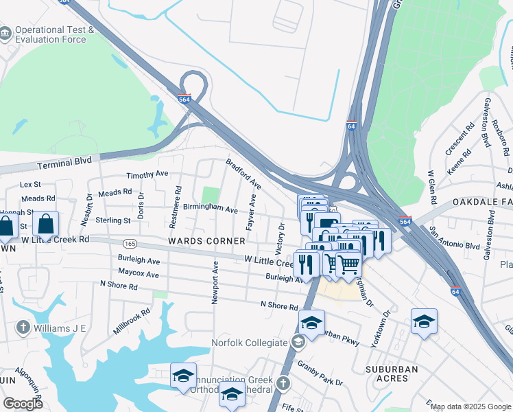 map of restaurants, bars, coffee shops, grocery stores, and more near 7704 Fayver Avenue in Norfolk