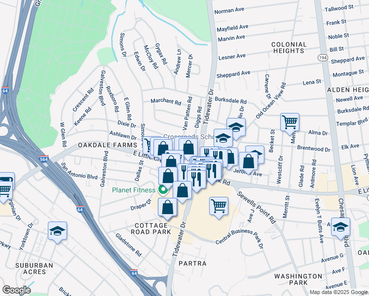 map of restaurants, bars, coffee shops, grocery stores, and more near 7926 Van Patten Road in Norfolk