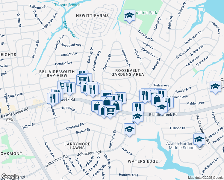 map of restaurants, bars, coffee shops, grocery stores, and more near 1827 Dominion Avenue in Norfolk