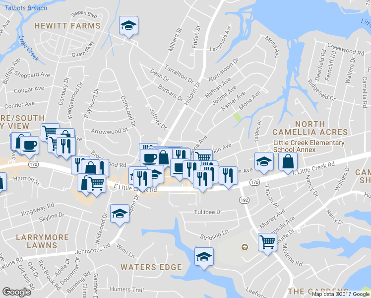 map of restaurants, bars, coffee shops, grocery stores, and more near 2332 Elaine Avenue in Norfolk