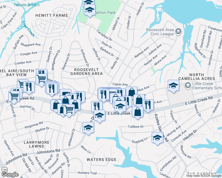 map of restaurants, bars, coffee shops, grocery stores, and more near 2312 Elaine Avenue in Norfolk