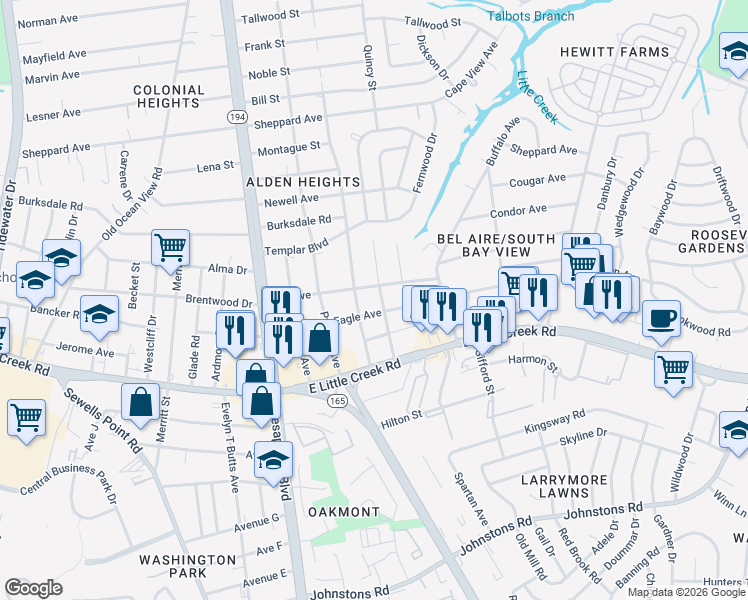 map of restaurants, bars, coffee shops, grocery stores, and more near 1317 Elk Avenue in Norfolk