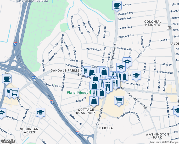 map of restaurants, bars, coffee shops, grocery stores, and more near 532 Ashlawn Drive in Norfolk