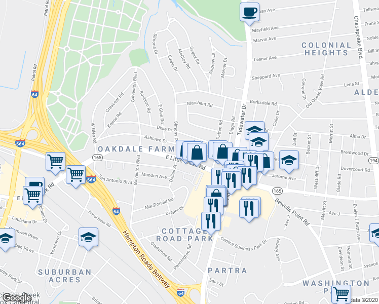 map of restaurants, bars, coffee shops, grocery stores, and more near 532 Ashlawn Drive in Norfolk