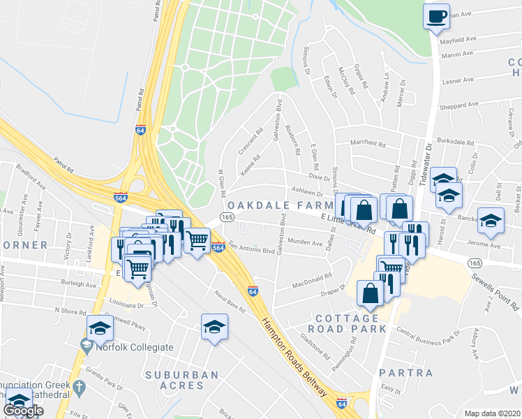 map of restaurants, bars, coffee shops, grocery stores, and more near 327 East Little Creek Road in Norfolk
