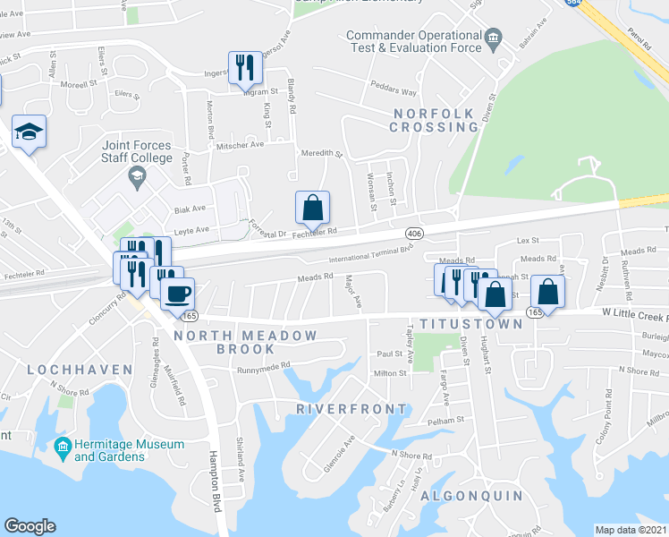 map of restaurants, bars, coffee shops, grocery stores, and more near 1446 Meads Road in Norfolk
