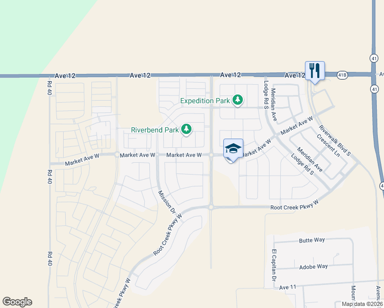 map of restaurants, bars, coffee shops, grocery stores, and more near Market Avenue West in Madera County