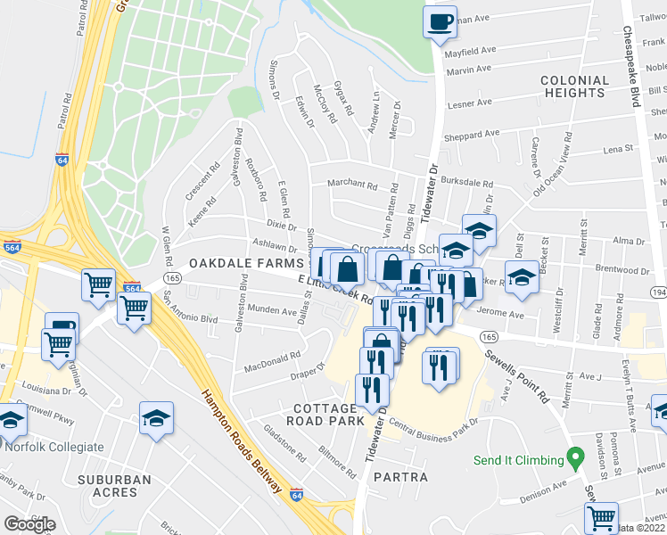 map of restaurants, bars, coffee shops, grocery stores, and more near 519 Ashlawn Drive in Norfolk